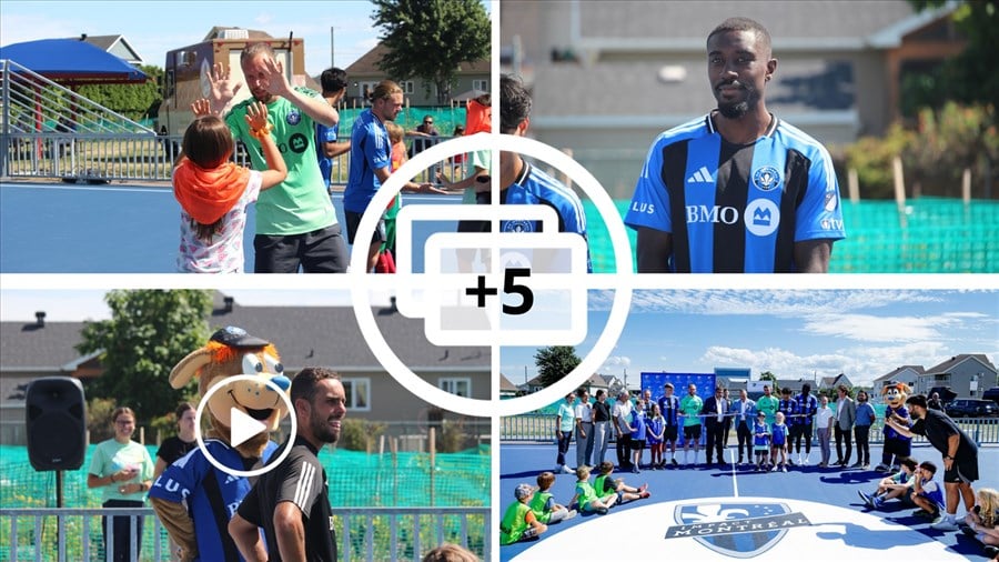 Les joueurs du CF Montréal sur le terrain avec les jeunes des Coteaux