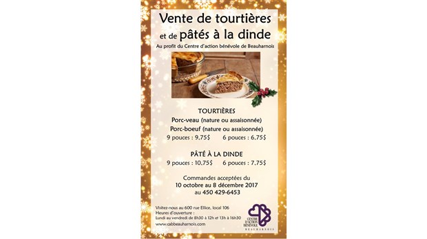 Tourtières et pâtés à la dinde au profit du Centre d’action bénévole de Beauharnois  