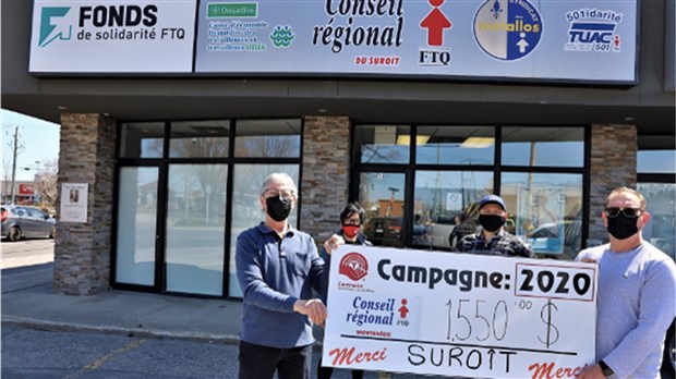 Les Conseils régionaux de la FTQ Montérégie-Suroît remettent 1550 $ à Centraide Sud-Ouest 